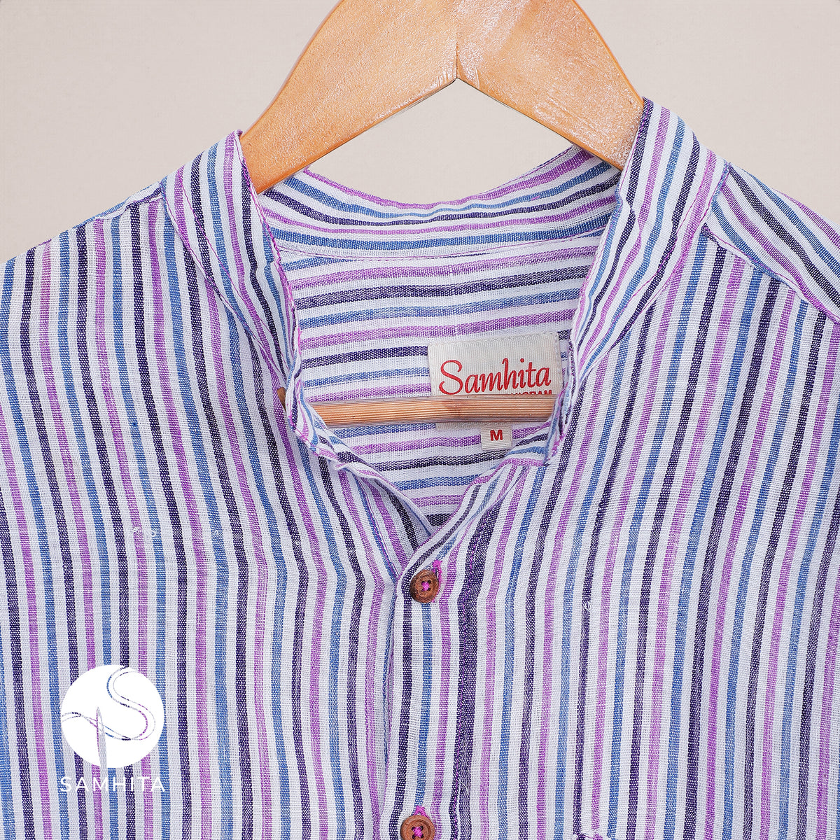 トップス MAATEE&SONS25ssGUPTA KHADI SHIRT purple3 Men's Purple Stripe Khadi Cotton Full Sleeve Shirt with Yoke