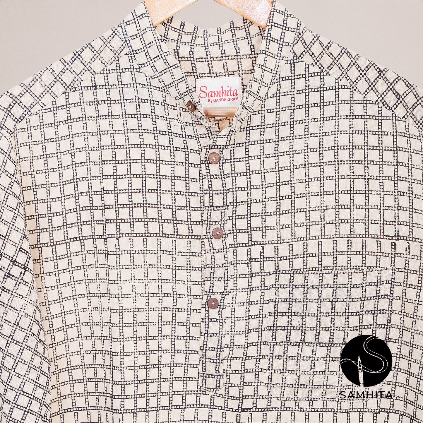 Men's Beige Checkered Hand-Block Printed Full-Sleeve Handwoven Khadi Kurta (MK 105 A)