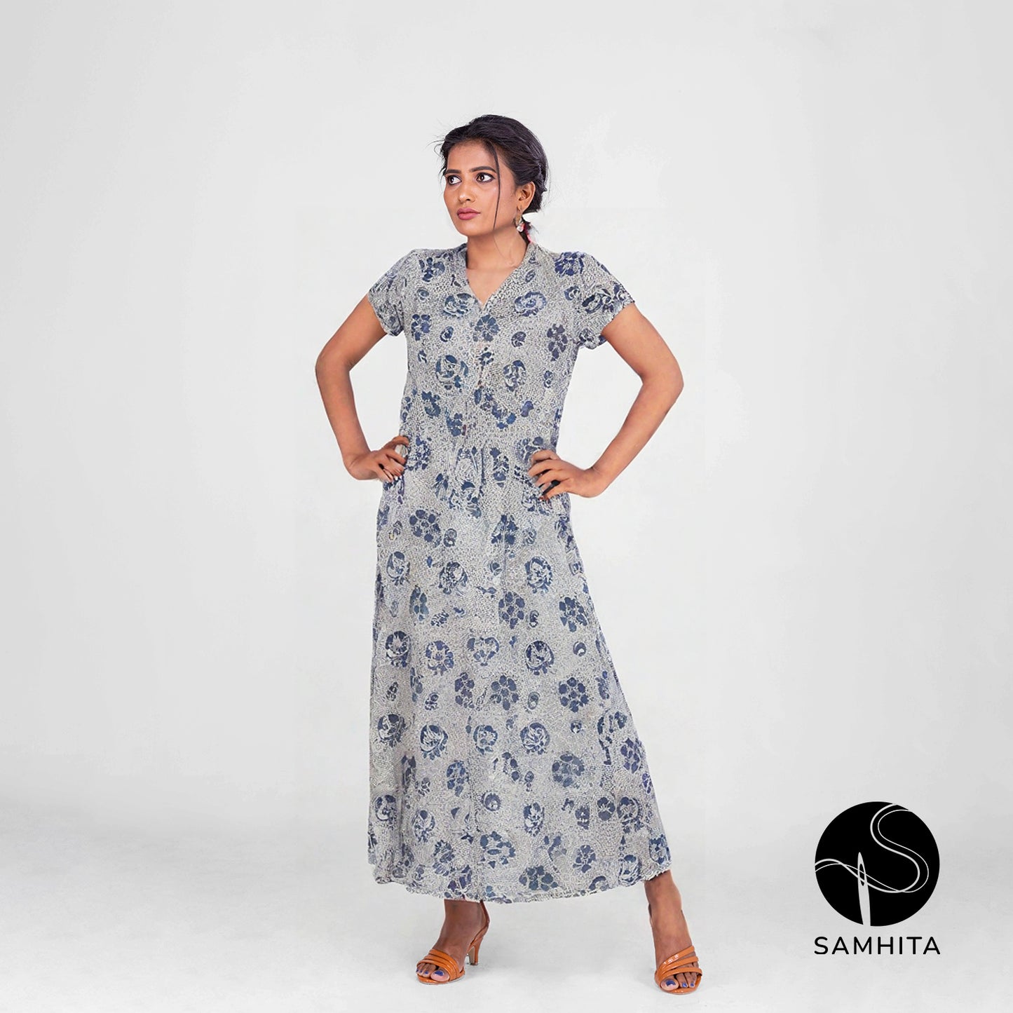 Indigo Floral Hand-block-printed dress (WD302B)