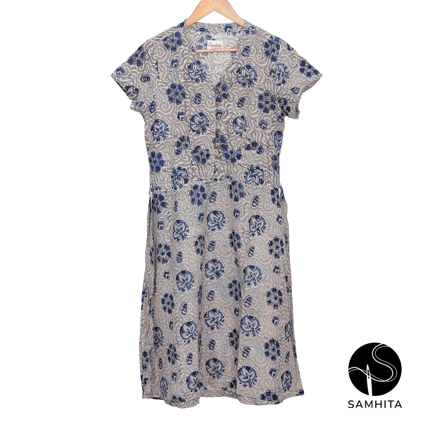 Indigo Floral Hand-block-printed dress (WD302B)