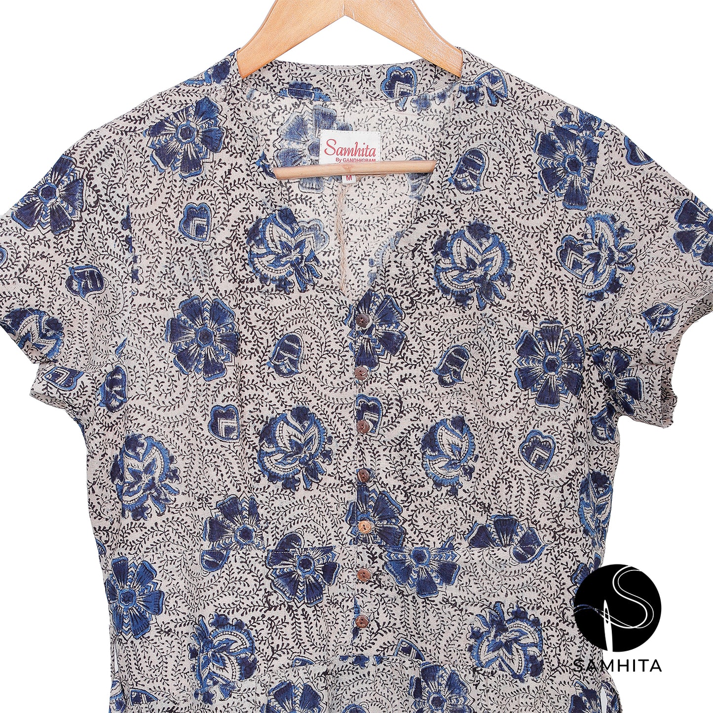 Indigo Floral Hand-block-printed dress (WD302B)