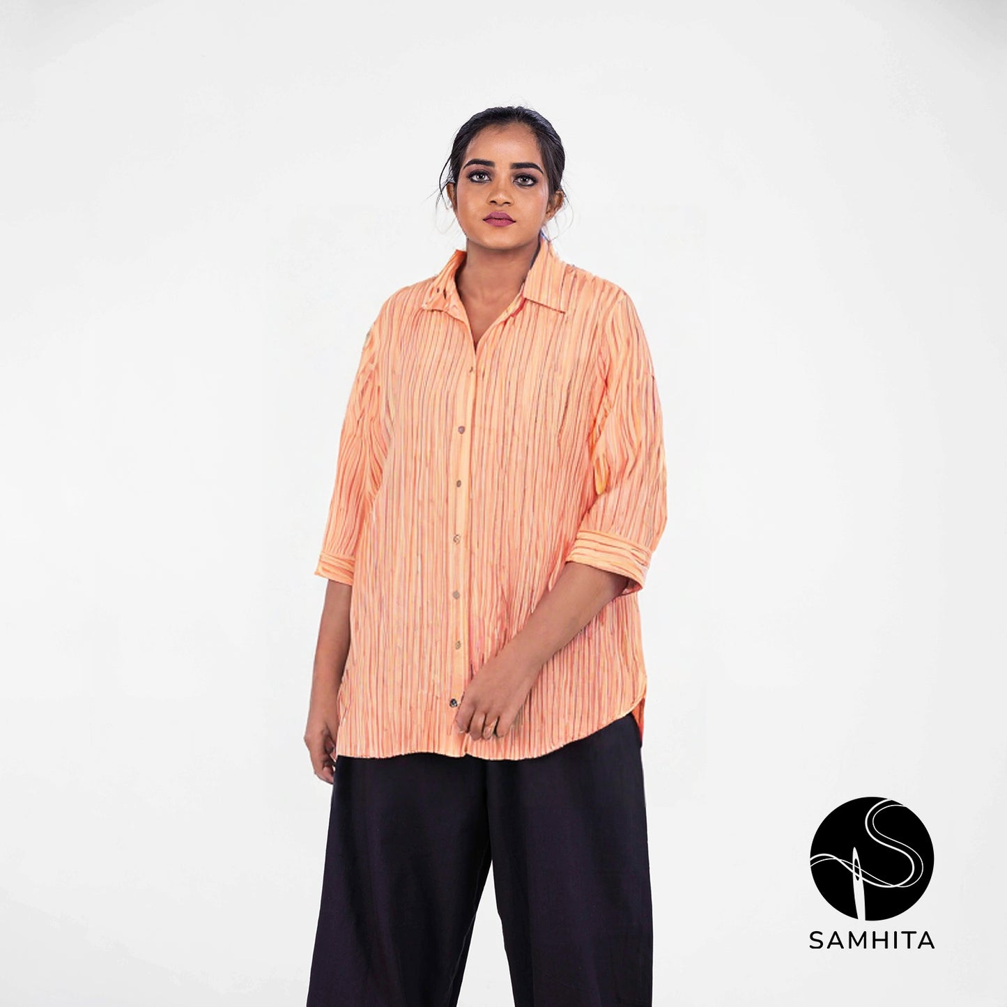 Stripe kurta in soft shades of pink, peach, and green (WD303A)