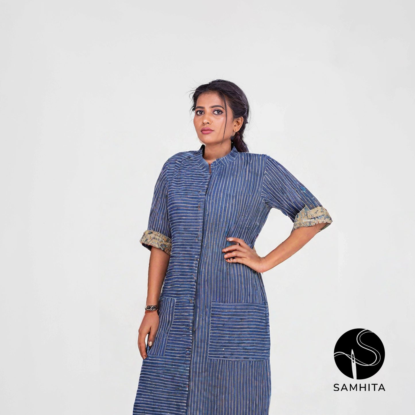 Blue Stropped Dress with Kalamkari contrast (WK102A)