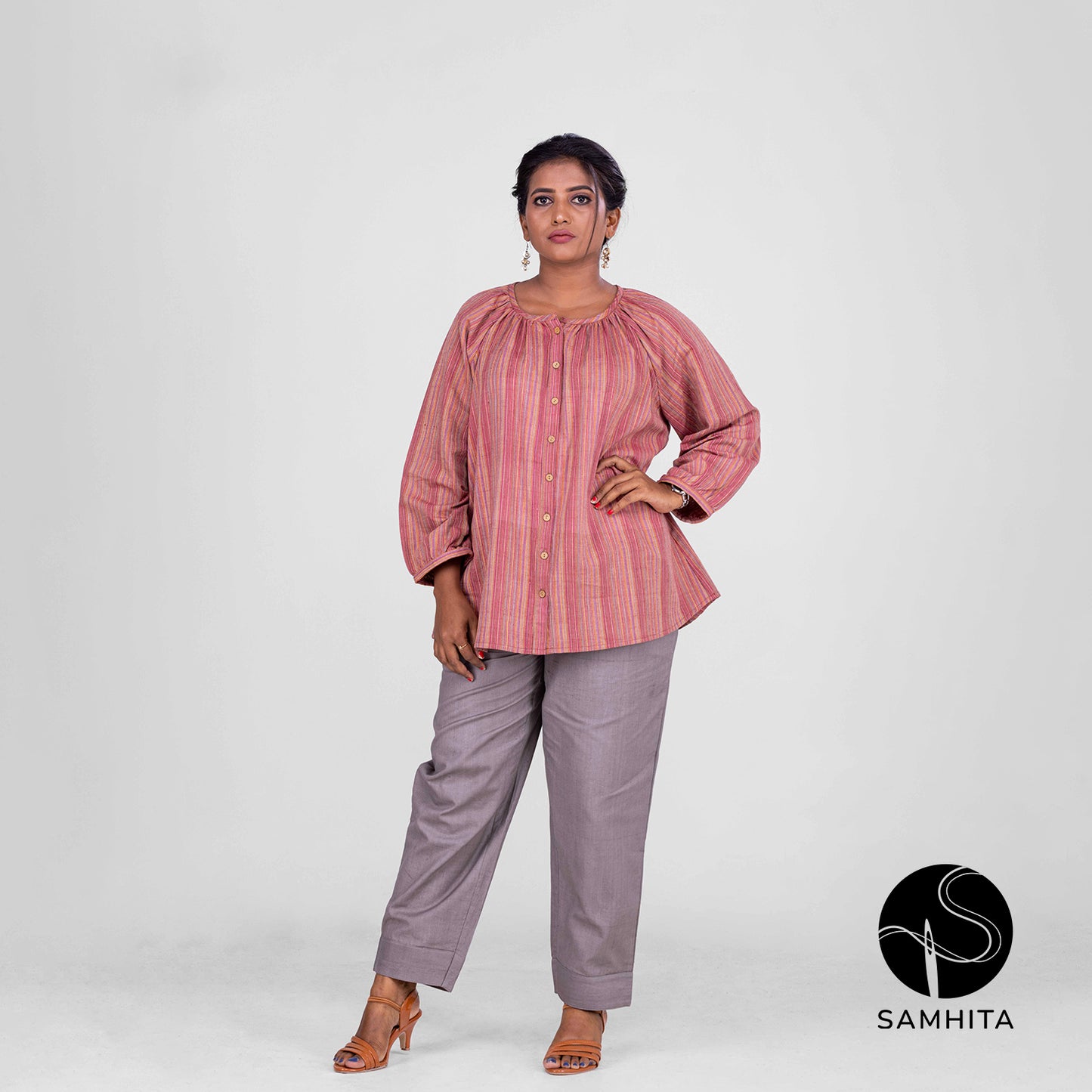 Red-striped short top in hand-spun handwoven khadi cotton (WT201A)