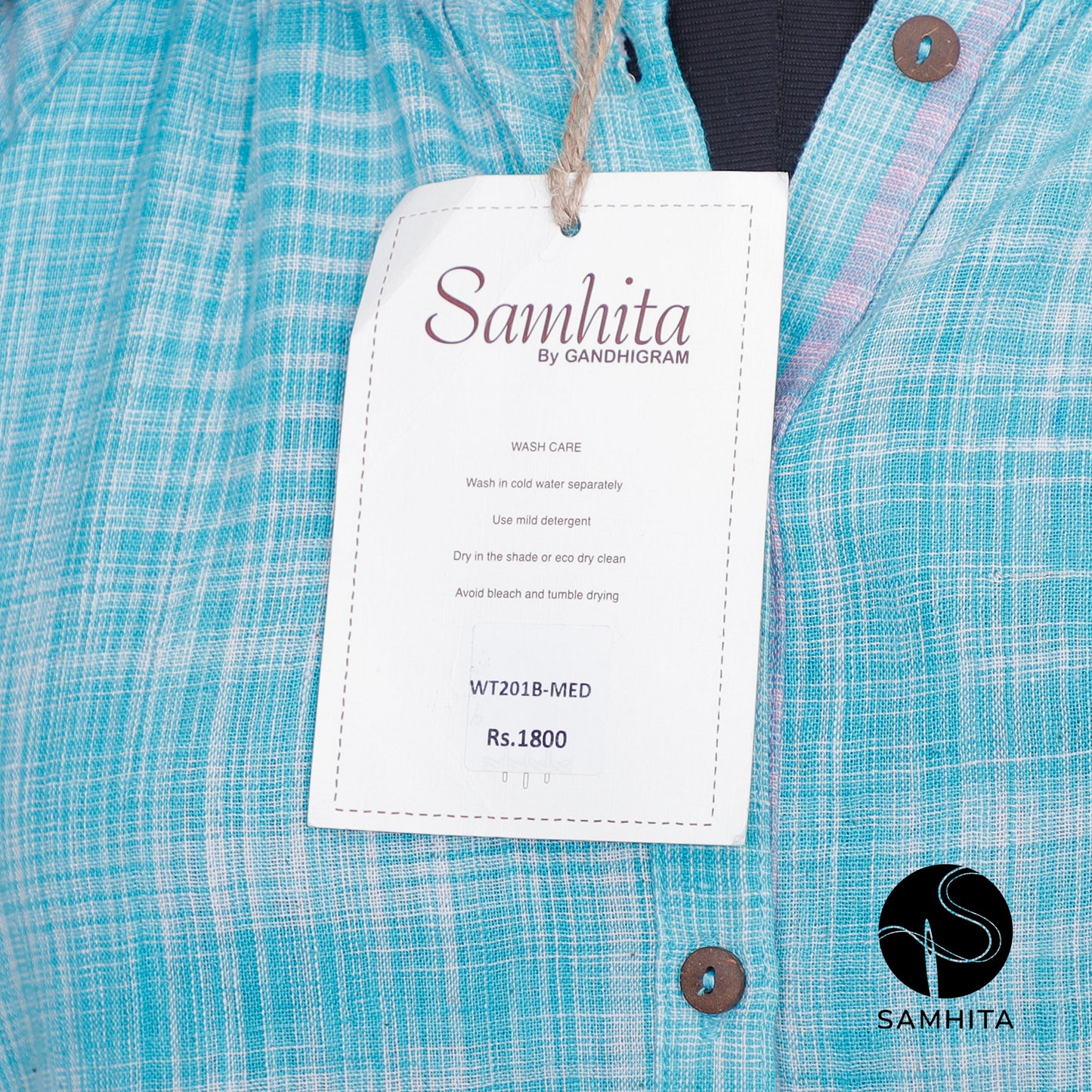 Blue space-dyed short top with a gathered collar and button-down design (WT201B)