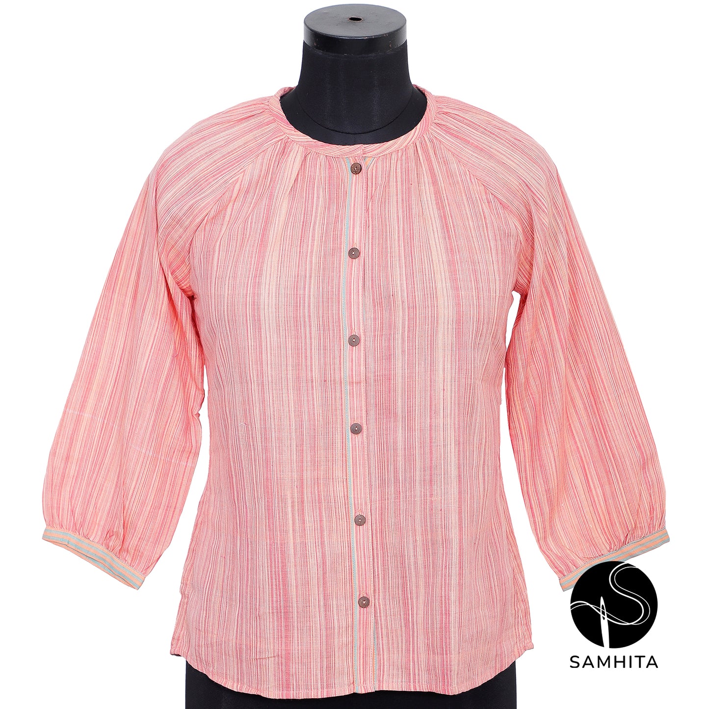 Red space-dyed short top features a gathered collar and button-down front (WT201C)