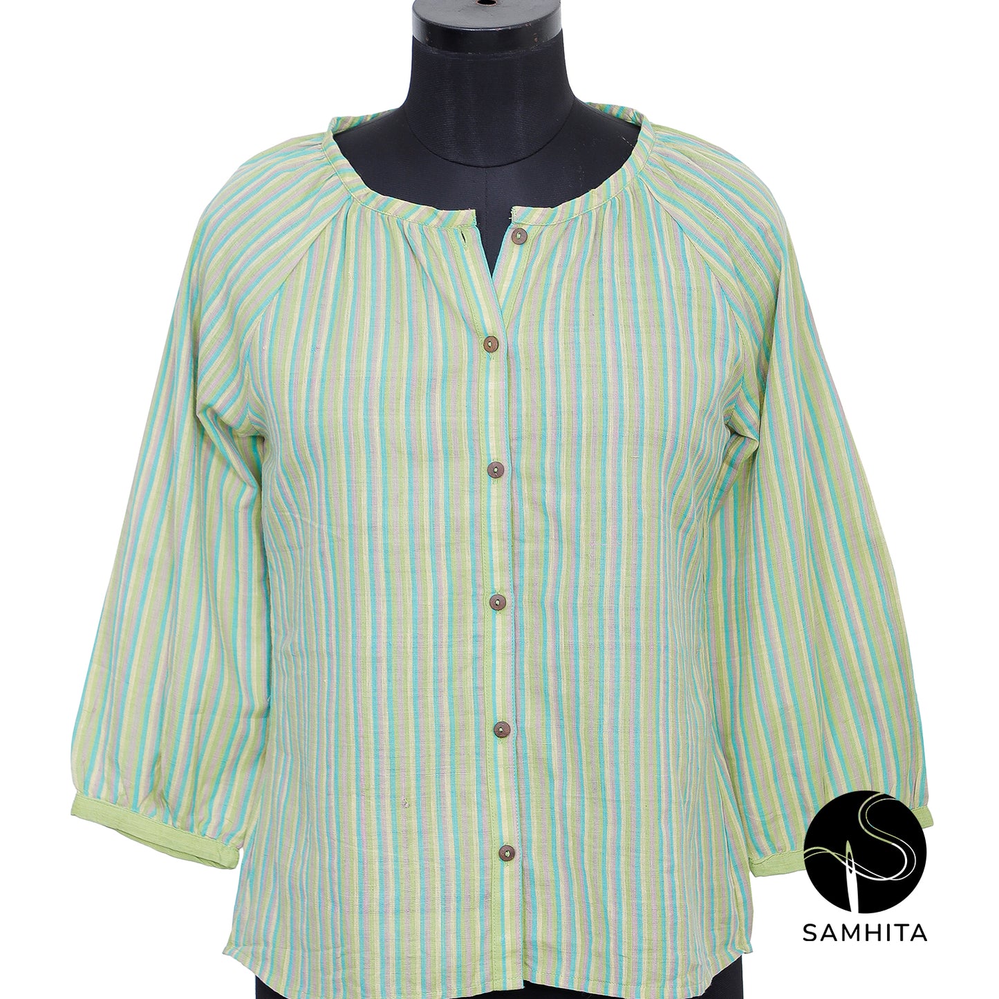Green and blue stripes,in handspun handwoven khadi cotton (WT201D)