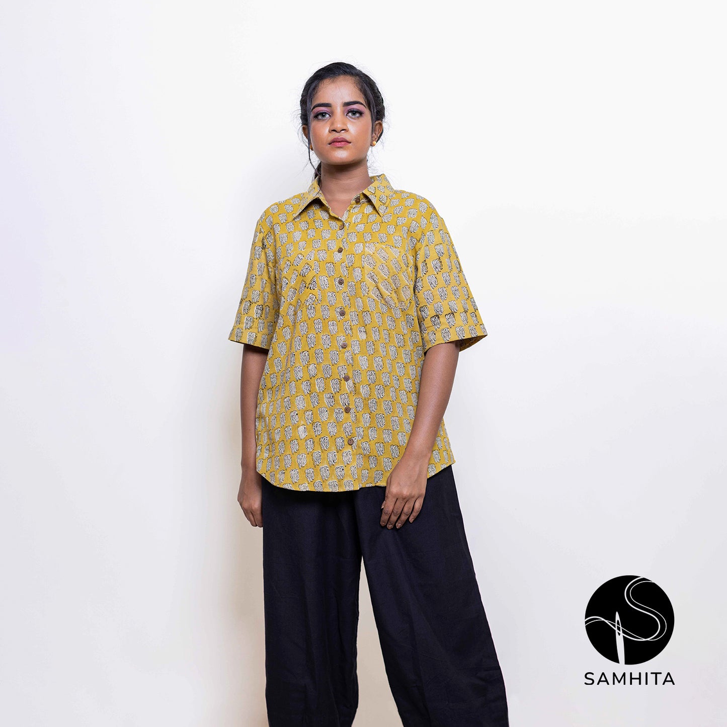 Warm yellow block printed half sleeves shirt (WT204B)