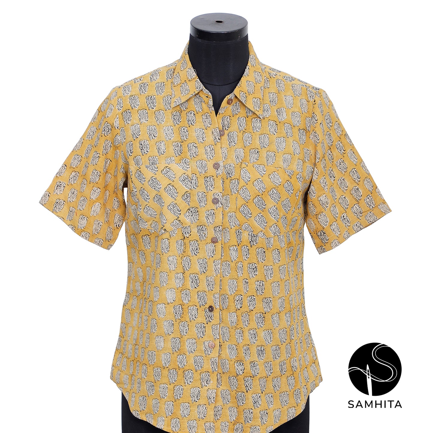 Warm yellow block printed half sleeves shirt (WT204B)