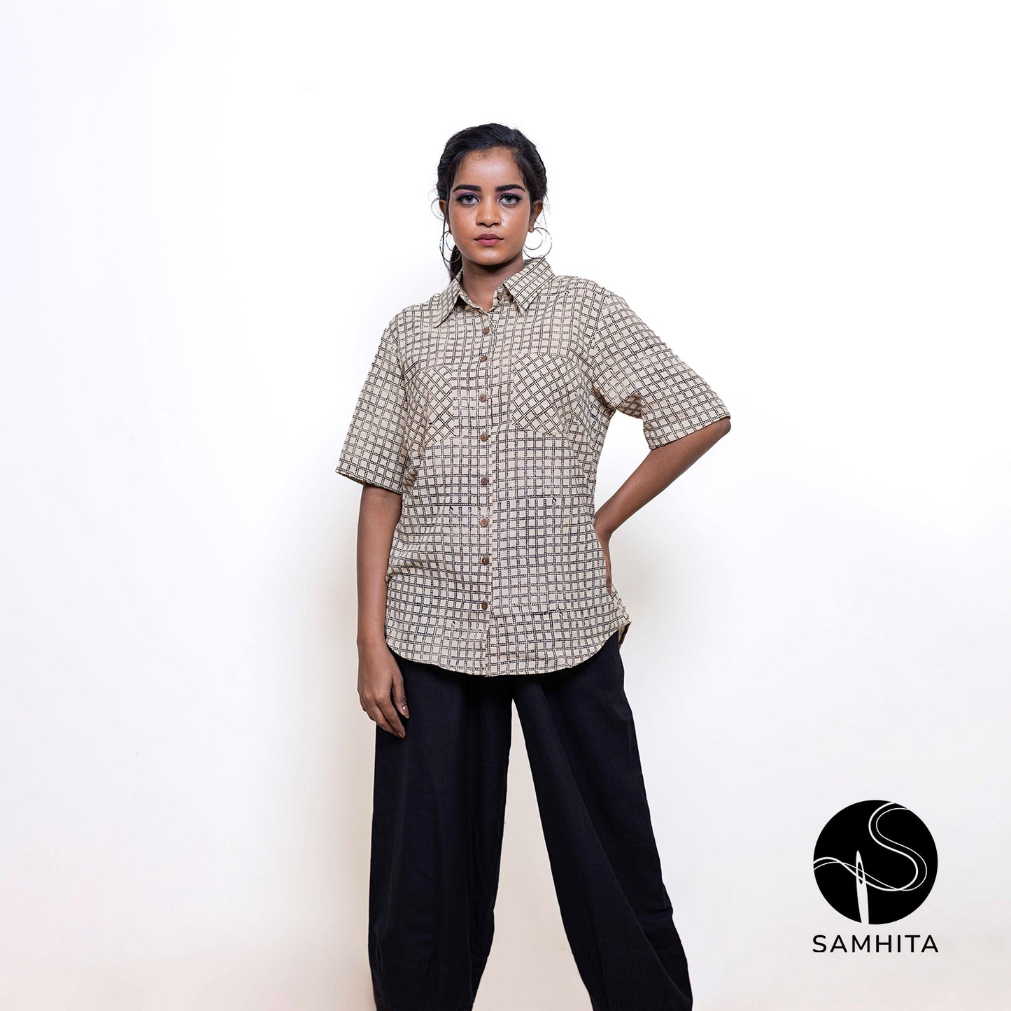 Block-printed black checkered pattern off-white khadi shirt (WT204C)