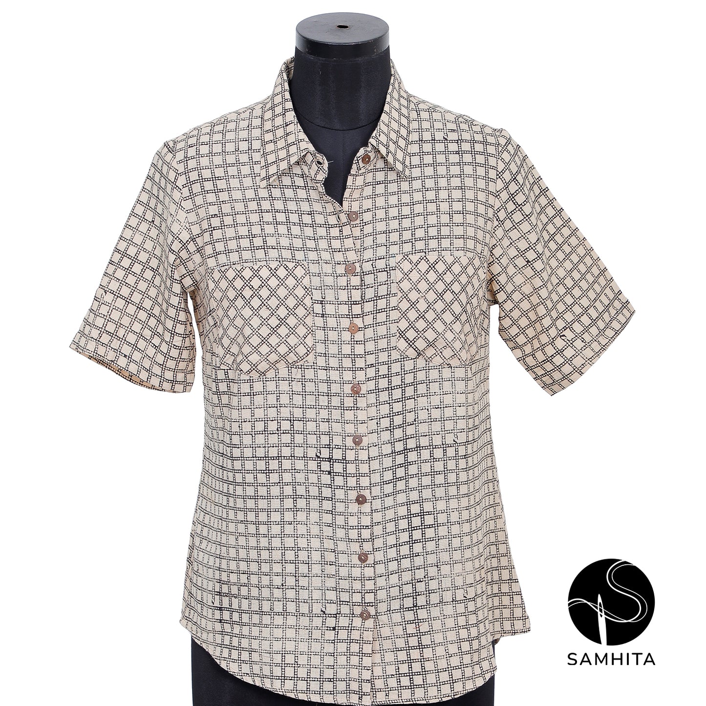 Block-printed black checkered pattern off-white khadi shirt (WT204C)