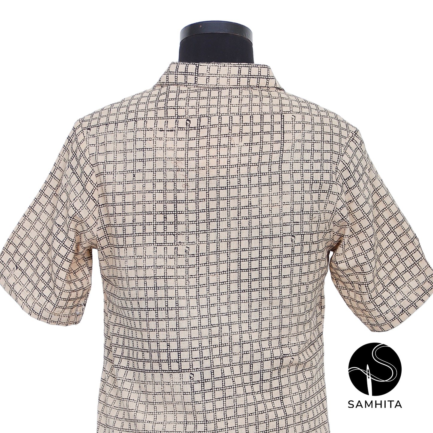 Block-printed black checkered pattern off-white khadi shirt (WT204C)