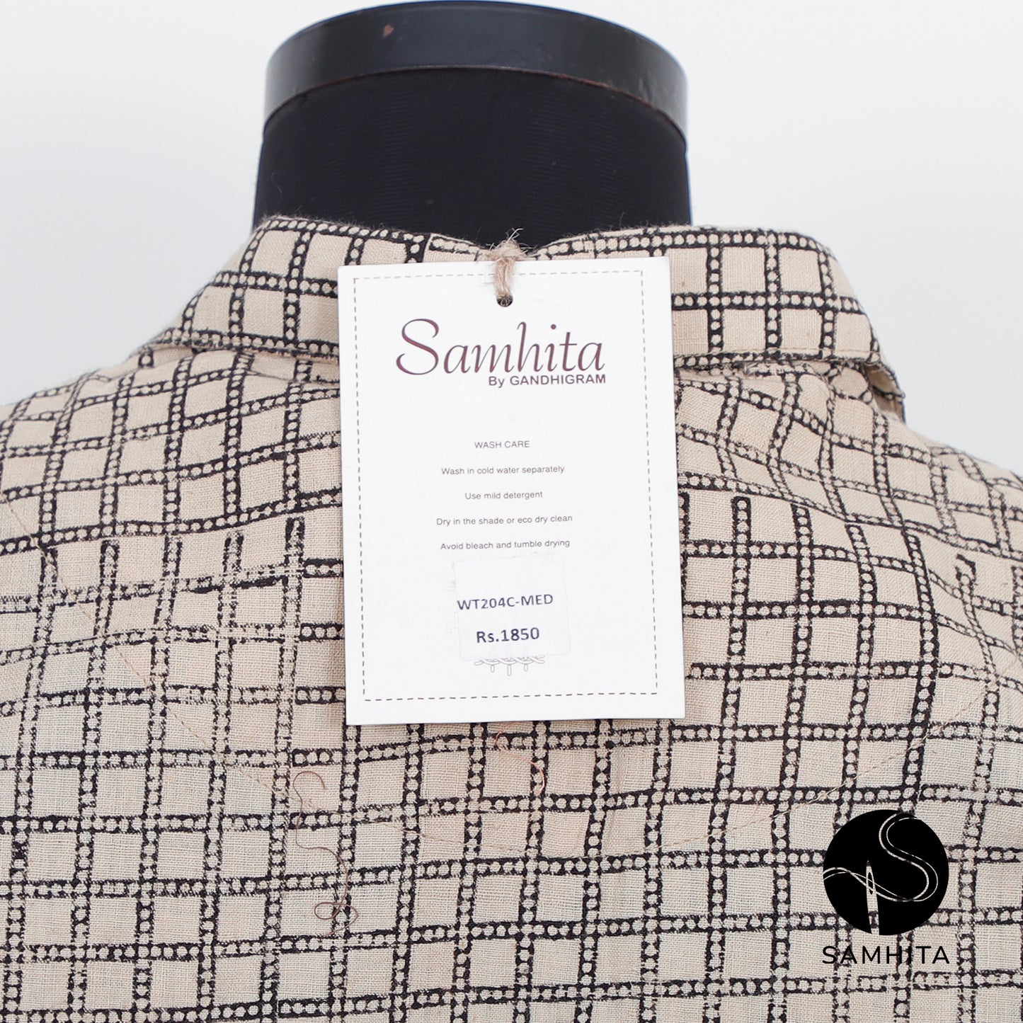 Block-printed black checkered pattern off-white khadi shirt (WT204C)