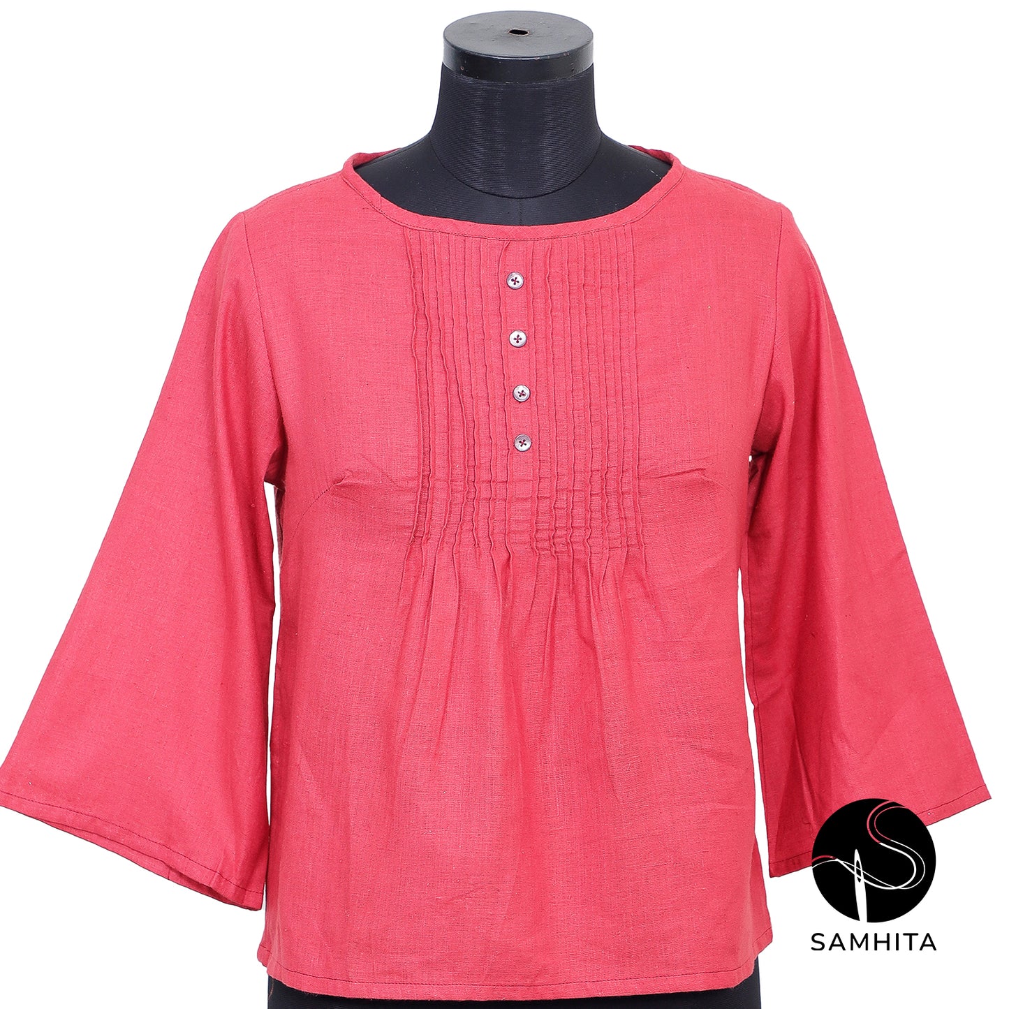 Red round neck with delicate pin-tuck details (WT206B)