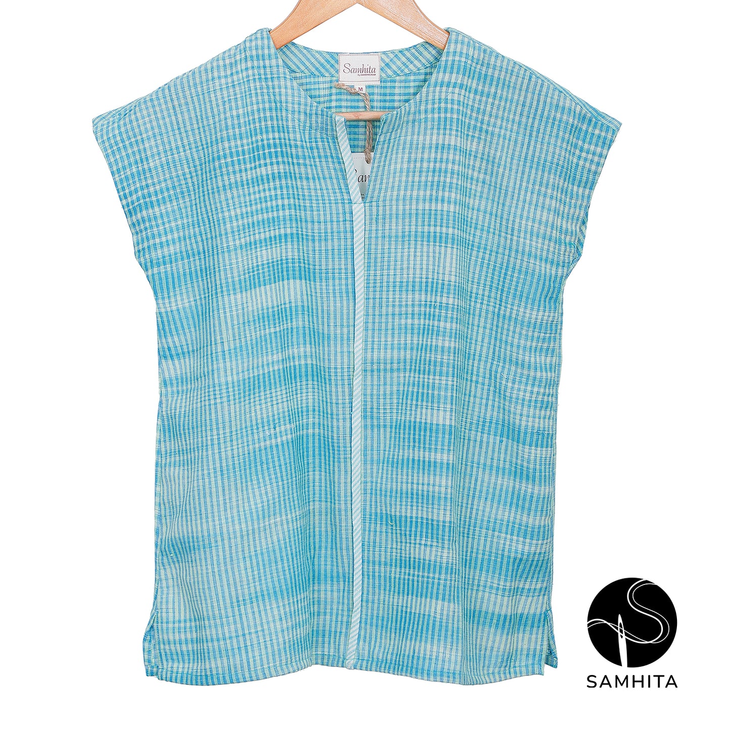 Blue space-dyed top with cap sleeves and contrast detail in the center(WT208B)