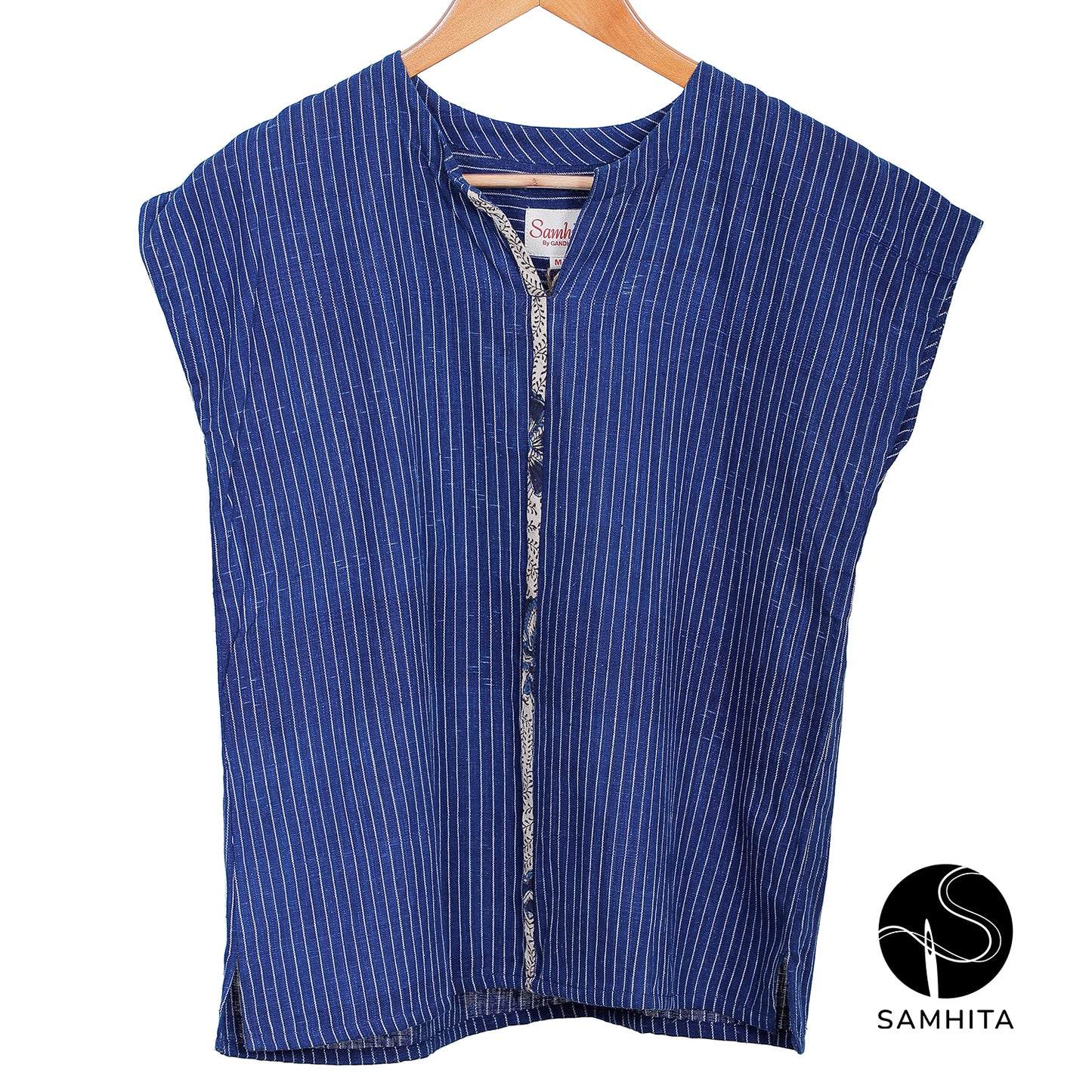 Dark blue striped  top with cap sleeves and contrast detail in the center (WT208C)
