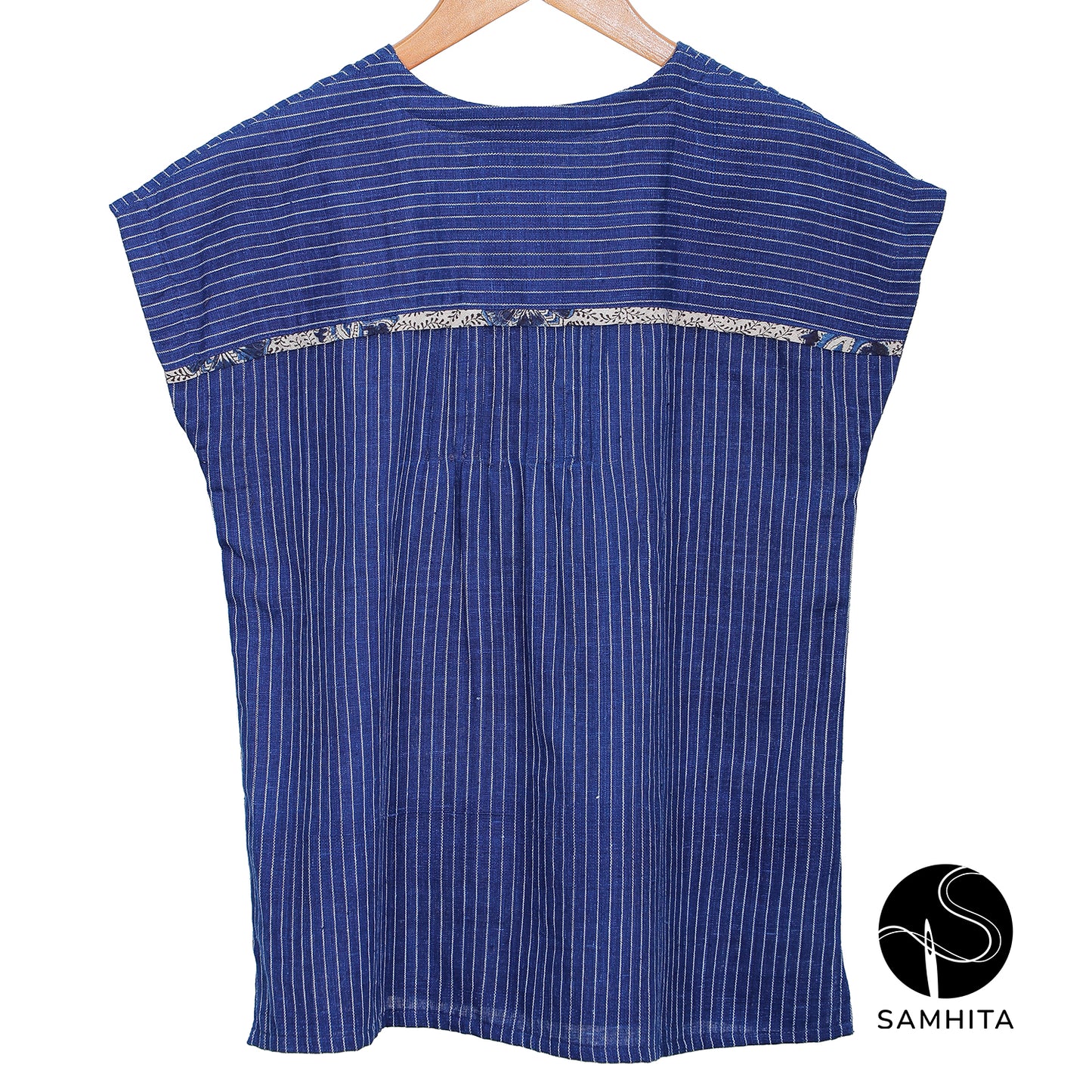 Dark blue striped  top with cap sleeves and contrast detail in the center (WT208C)