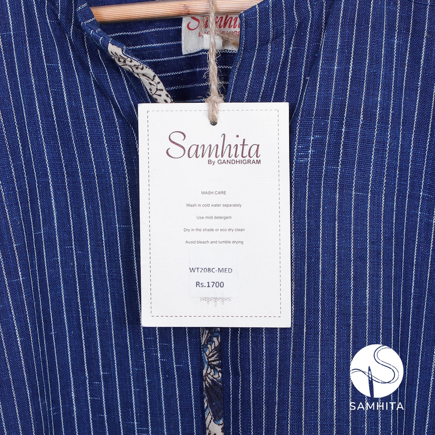 Dark blue striped  top with cap sleeves and contrast detail in the center (WT208C)