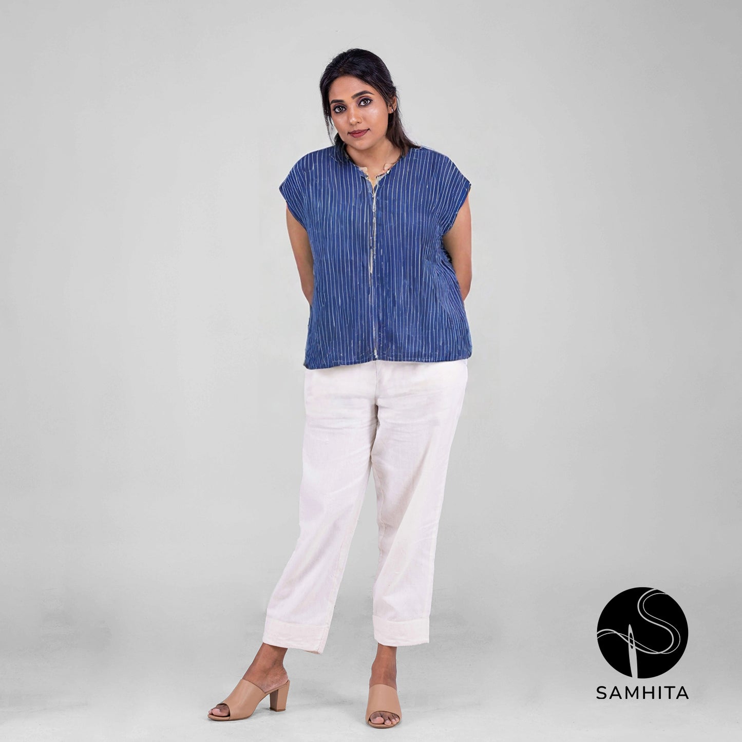 Dark blue striped  top with cap sleeves and contrast detail in the center (WT208C)