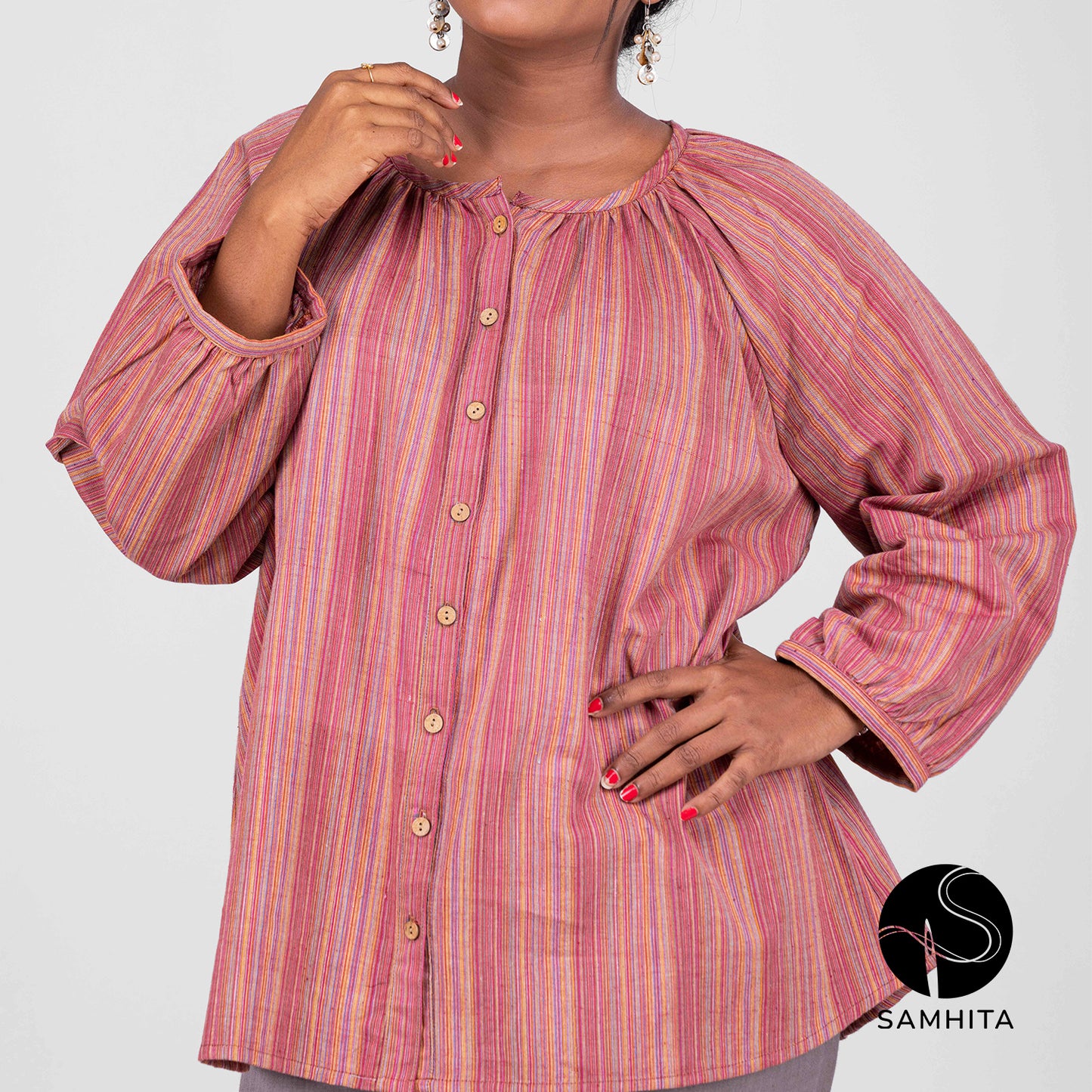 Red-striped short top in hand-spun handwoven khadi cotton (WT201A)