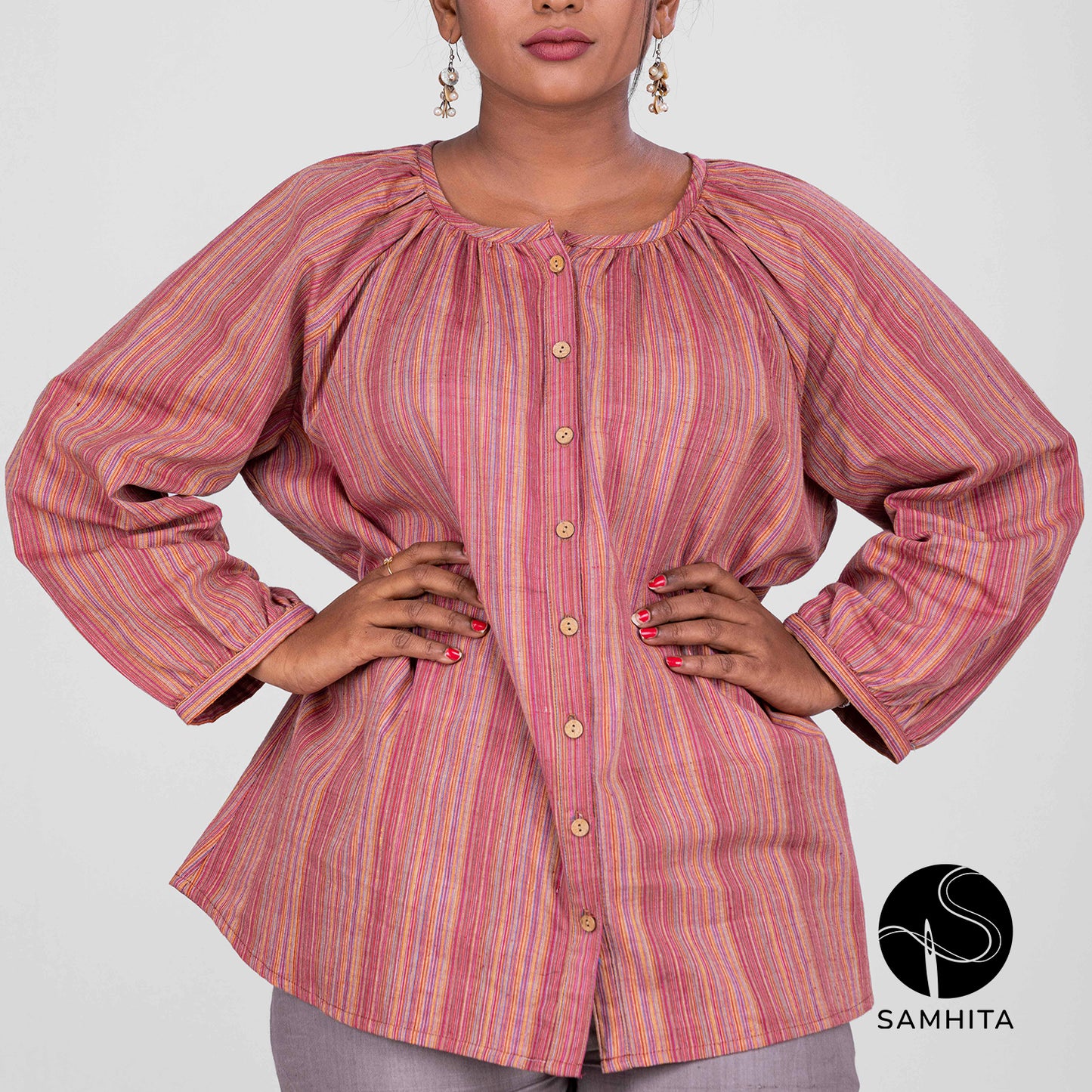 Red-striped short top in hand-spun handwoven khadi cotton (WT201A)