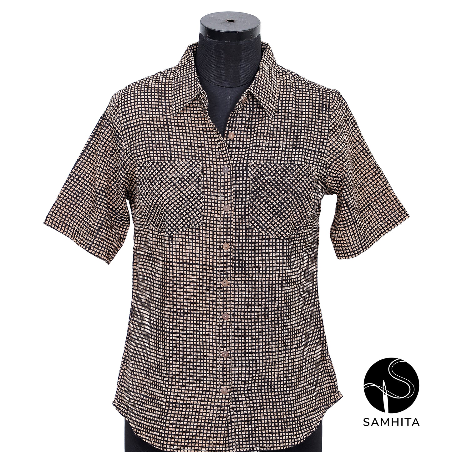 Block-printed black checkered pattern, half-sleeve collared shirt (WT204A)