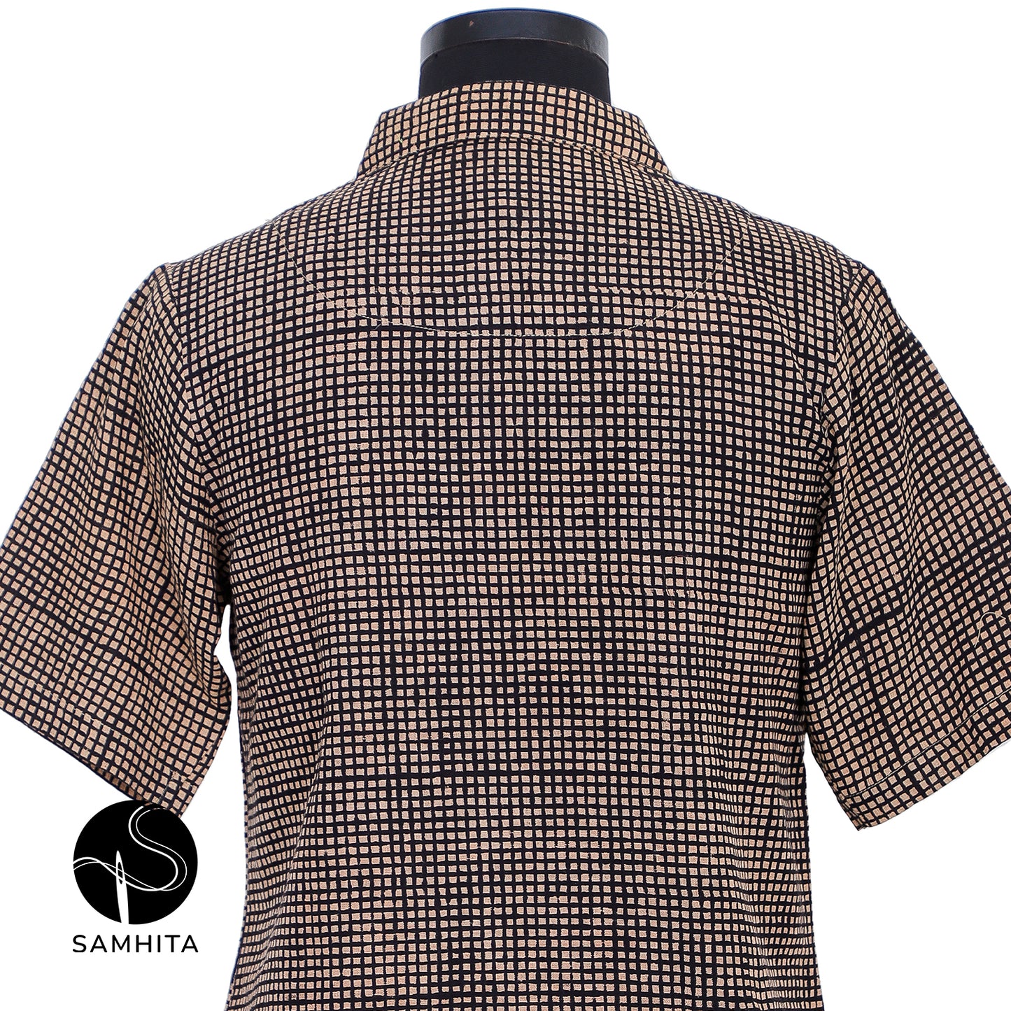 Block-printed black checkered pattern, half-sleeve collared shirt (WT204A)