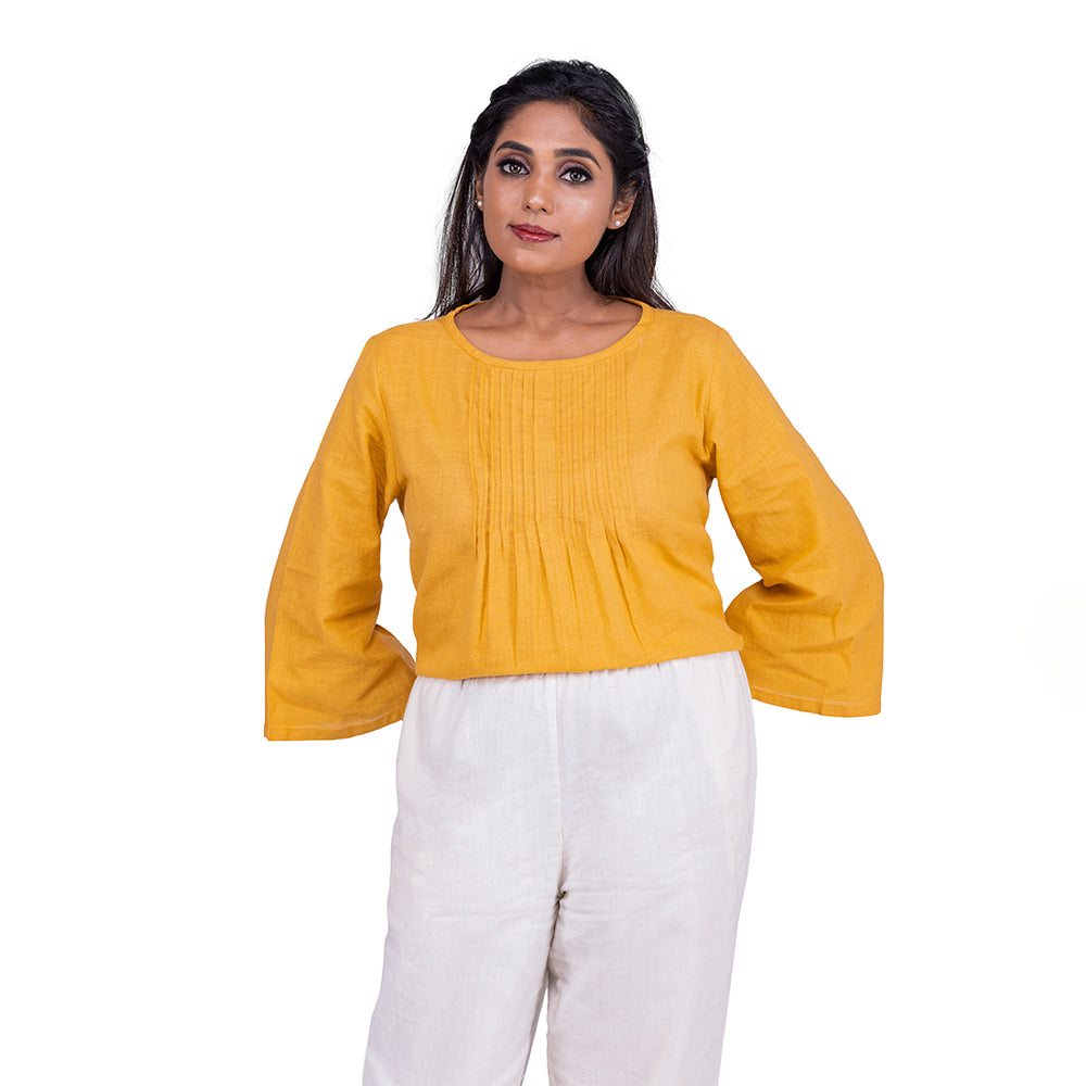 MUSTARD YELLOW PINTUCK TUNIC TOP WITH SHELL BUTTON DETAIL