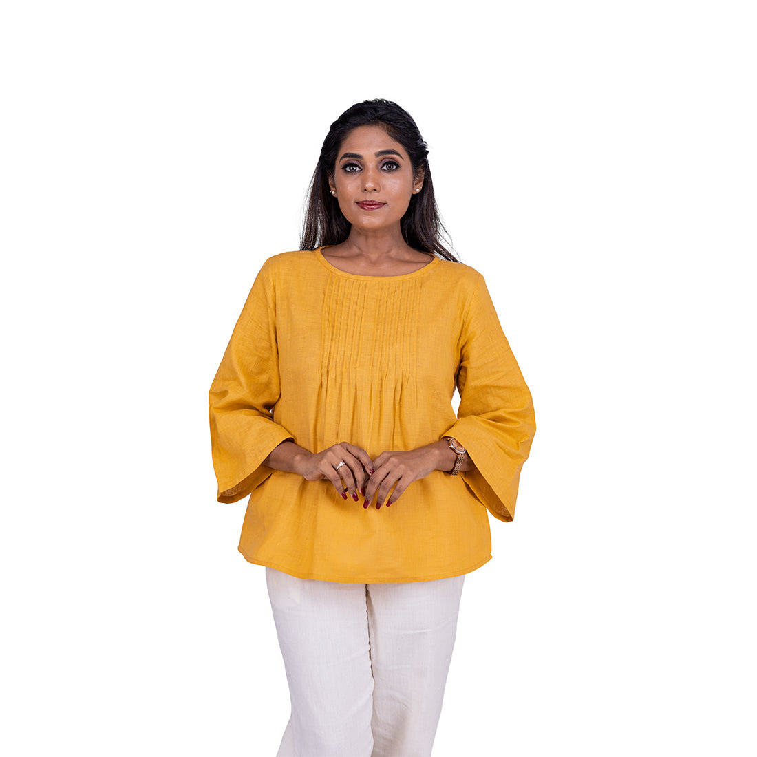 
                  
                    MUSTARD YELLOW PINTUCK TUNIC TOP WITH SHELL BUTTON DETAIL
                  
                