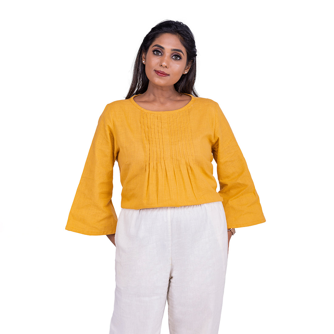 
                  
                    MUSTARD YELLOW PINTUCK TUNIC TOP WITH SHELL BUTTON DETAIL
                  
                