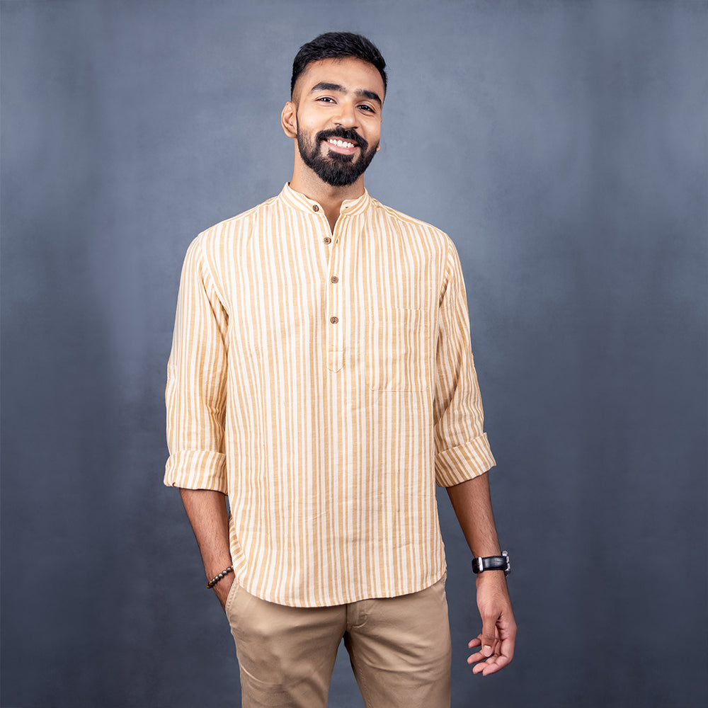 BEIGE AND BROWN  STRIPES  FULL SLEEVE SHIRT WITH SHORT PLACKET AND WOOD BUTTON DETAIL