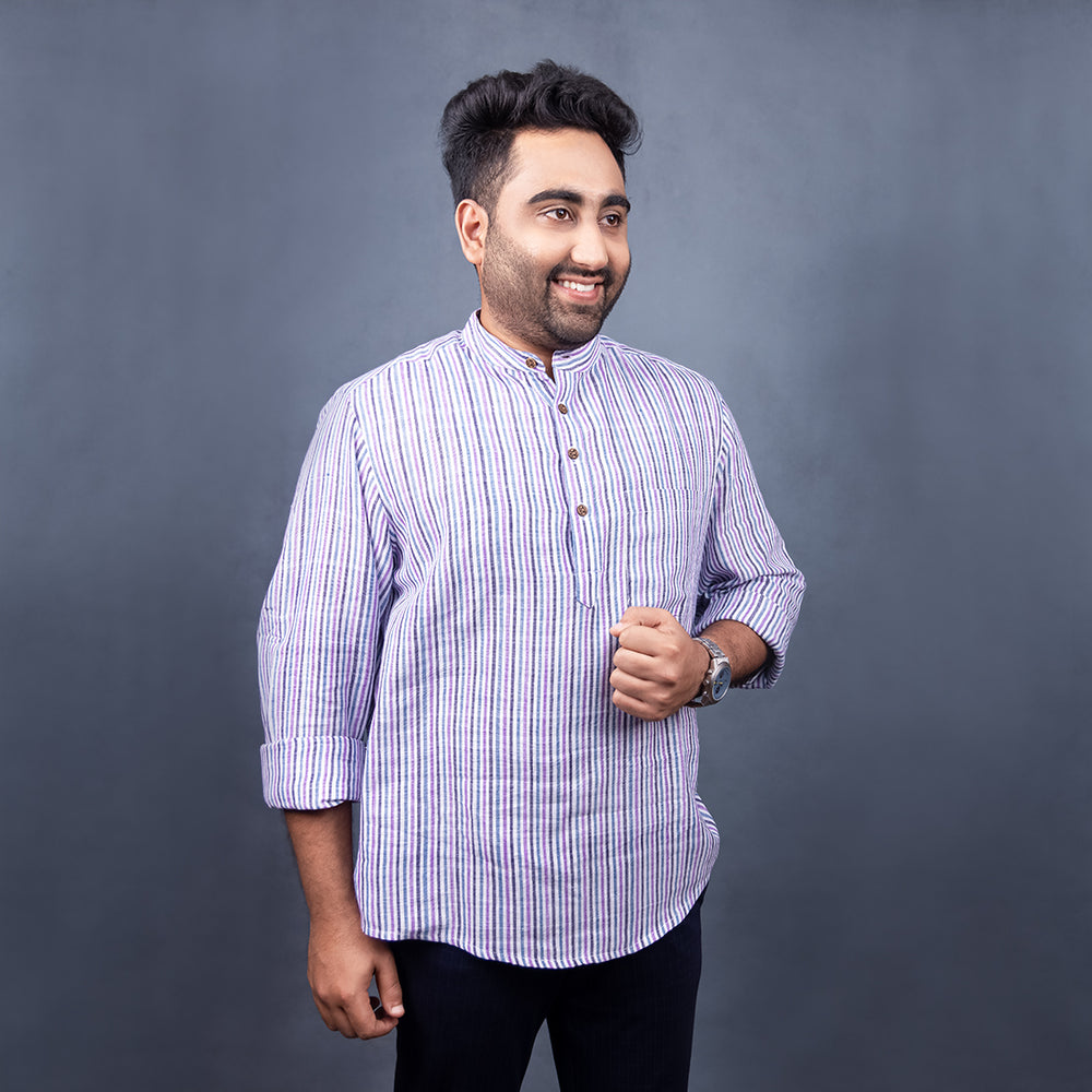 
                  
                    WHITE WITH VIOLET PIN STRIPES  FULL SLEEVE SHIRT WITH SHORT PLACKET AND WOOD BUTTON DETAIL
                  
                