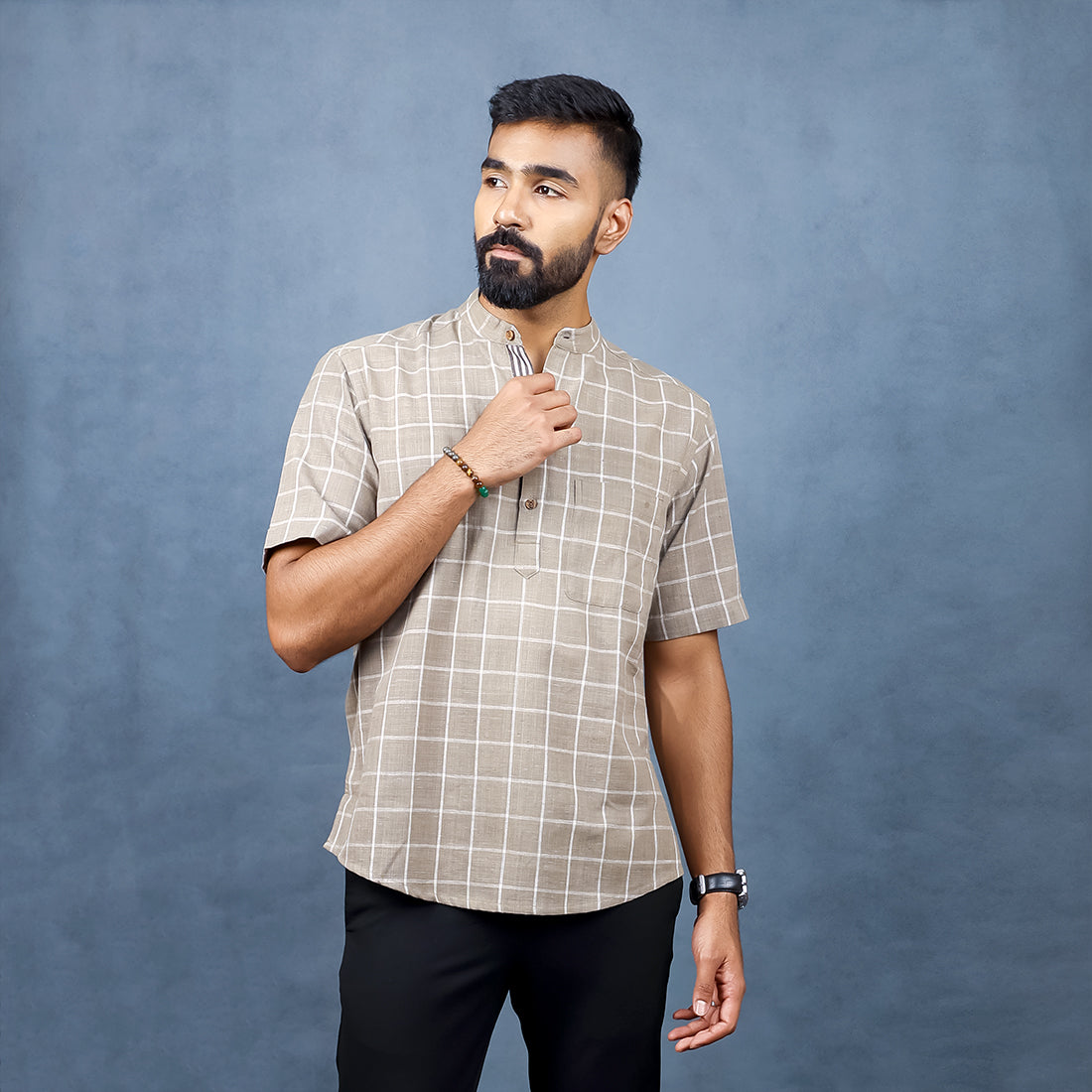 
                  
                    SLATE GREY WOVEN CHECK SHIRT WITH HALF SLEEVES  AND STRIPE PLACKET WITH WOODEN BUTTON DETAIL
                  
                