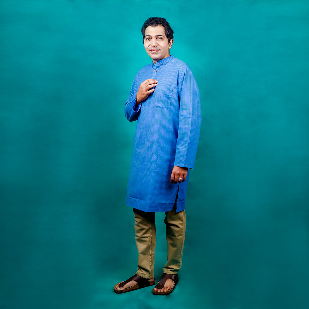 BLUE AND TEAL STRIPED LONG FULL SLEEVES KURTA WITH SHORT PLACKET AND WOOD BUTTONS