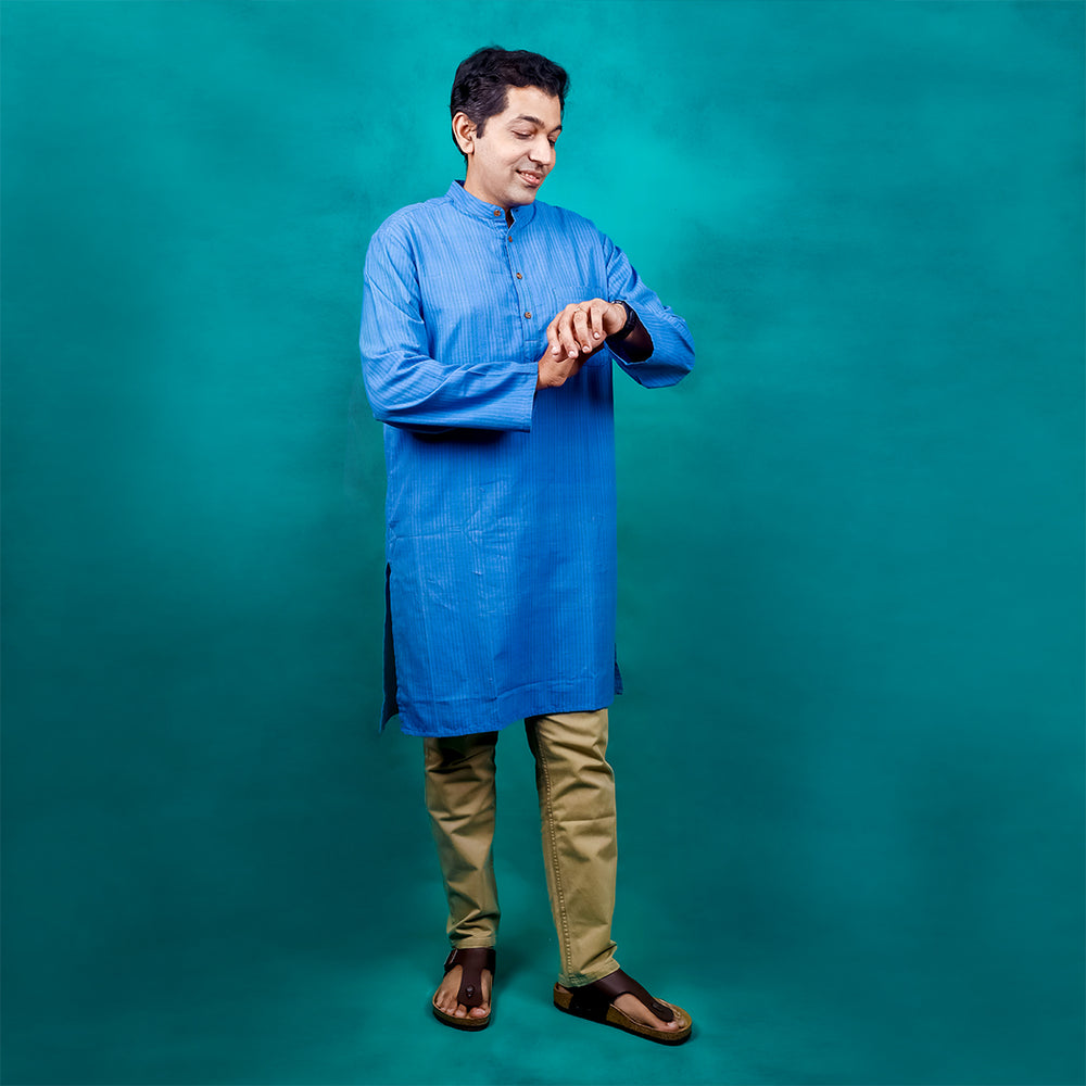 
                  
                    BLUE AND TEAL STRIPED LONG FULL SLEEVES KURTA WITH SHORT PLACKET AND WOOD BUTTONS
                  
                