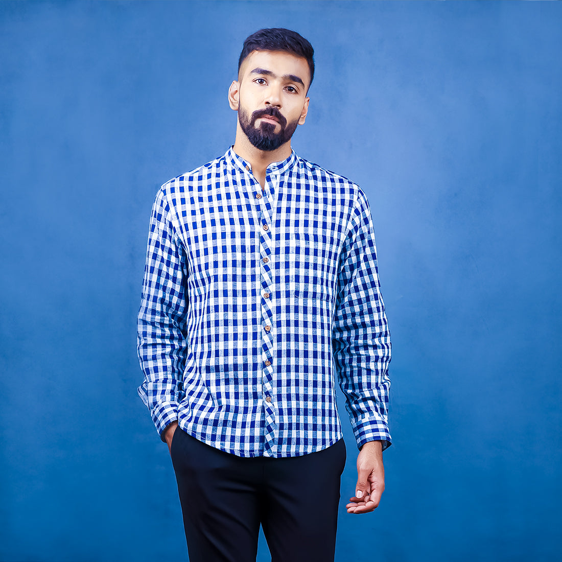 
                  
                    INDIGO AND OFFWHITE CHECKS FULL SLEEVE SHIRT WITH WOOD BUTTON DETAIL
                  
                