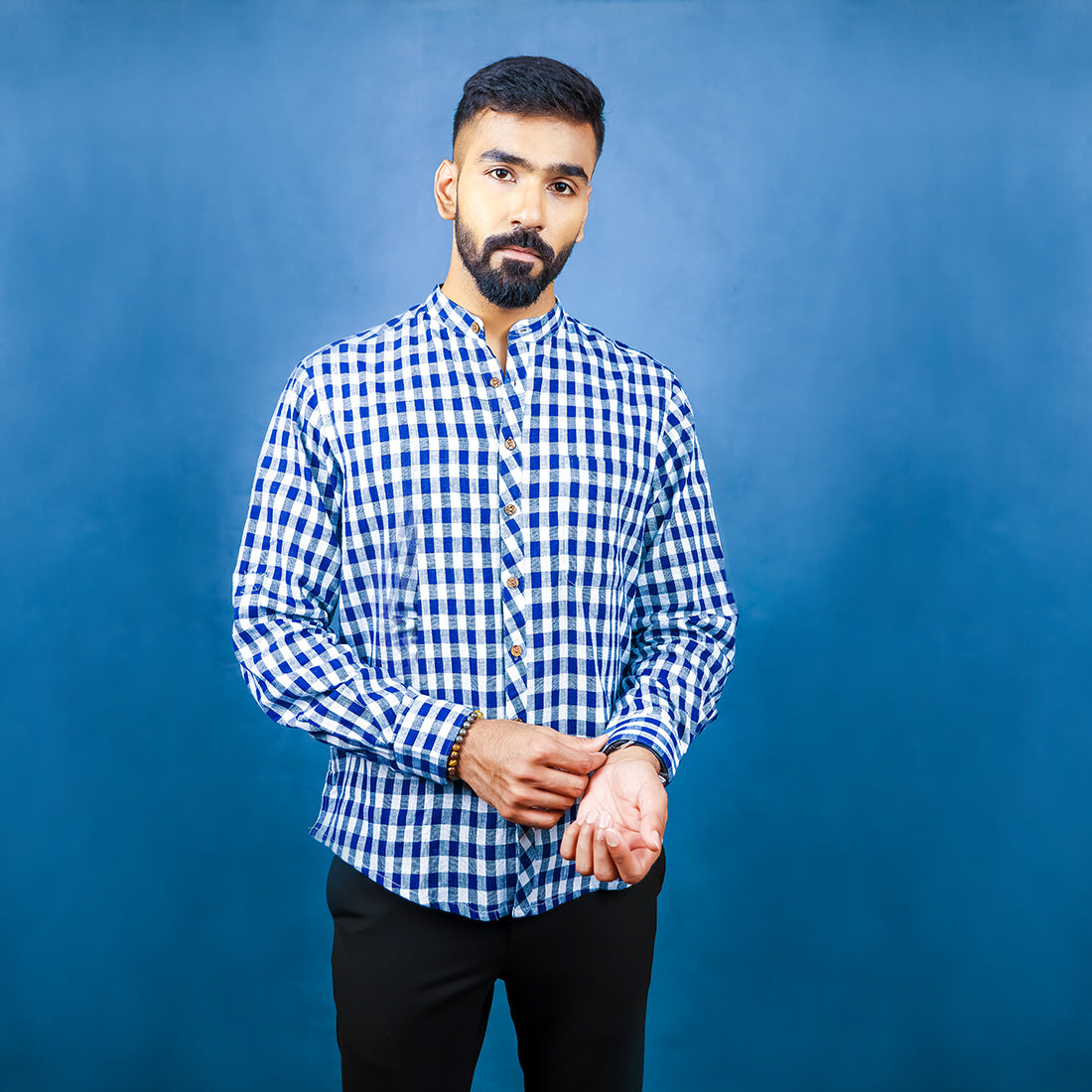 
                  
                    INDIGO AND OFFWHITE CHECKS FULL SLEEVE SHIRT WITH WOOD BUTTON DETAIL
                  
                