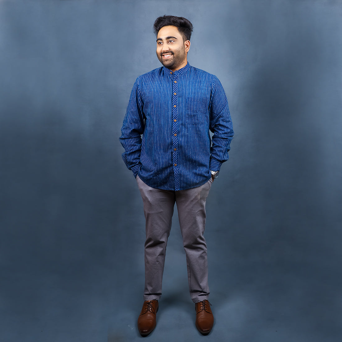 
                  
                    INDIGO WITH OFFWHITE PIN STRIPES FULL SLEEVE SHIRT WITH WOOD BUTTON DETAIL
                  
                