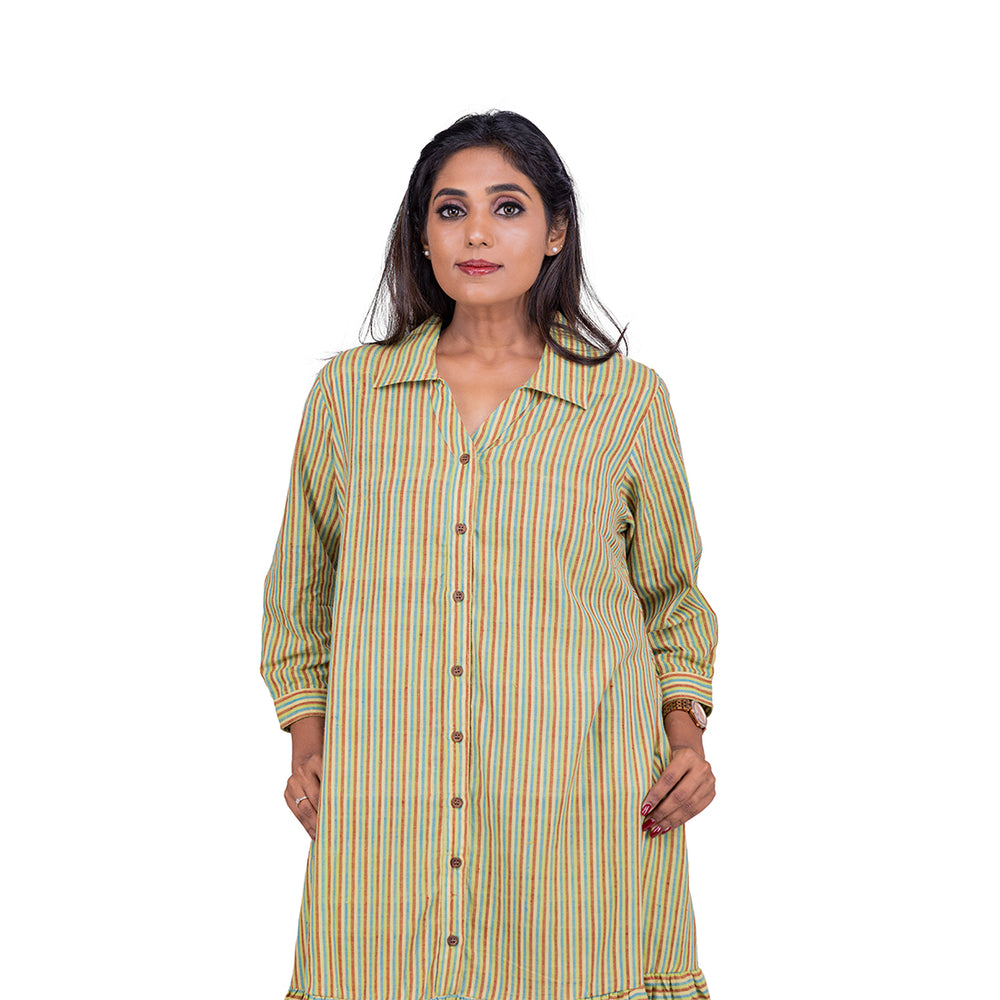 
                  
                    GREEN MULTI COLOUR STRIPED SHIRT DRESS WITH COLLAR
                  
                