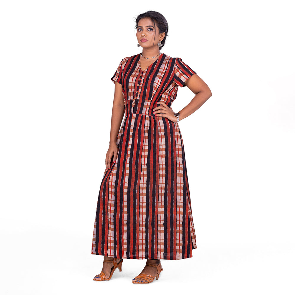 
                  
                    MAROON BEIGE AND BLACK BLOCK PRINTED CHECKED V NECK DRESS WITH WOOOD BUTTON DETAIL
                  
                