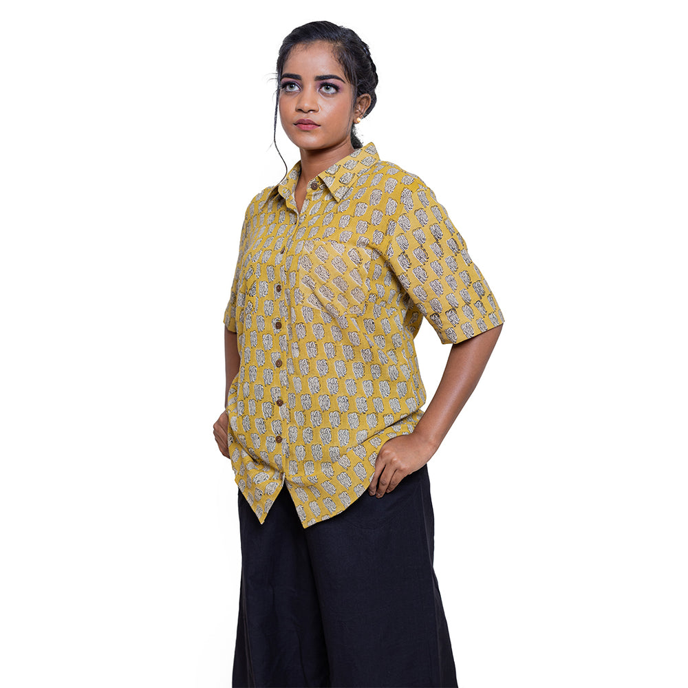 
                  
                    MUSTARD BLOCK PRINTED SHIRT WITH POCKETS AND WOOD BUTTONS
                  
                