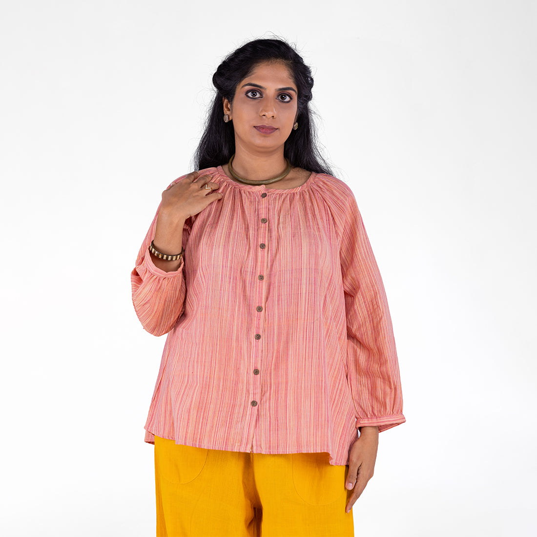 
                  
                    MULTICOLOUR PEACH WOVEN SHORT TOP WITH RAGLAN SLEEVES WOOD BUTTONS
                  
                