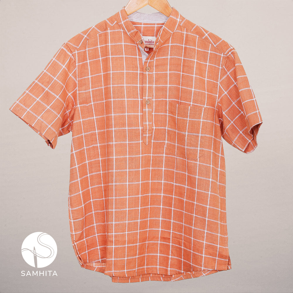 
                  
                    Men's Rust Orange Khadi Cotton Check Shirt with Half Sleeves Mandarin Collar and Wooden Button Detail (MK 101 A)
                  
                