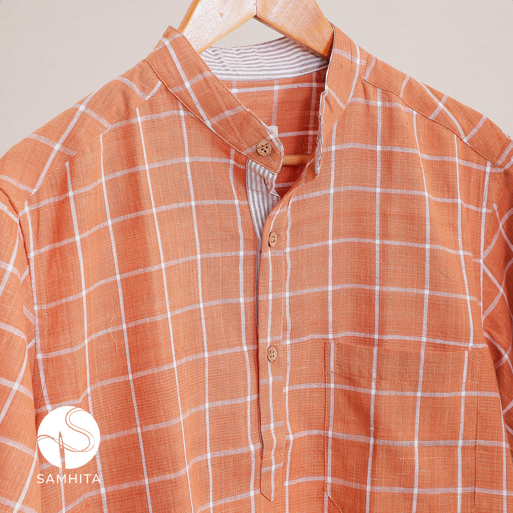 Men's Rust Orange Khadi Cotton Check Shirt with Half Sleeves Mandarin Collar and Wooden Button Detail (MK 101 A)
