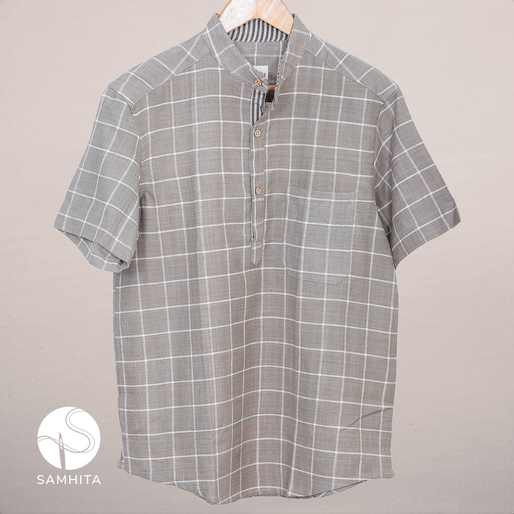 
                  
                    Men's Slate Grey Khadi Cotton Check Shirt with Half Sleeves, Mandarin Collar and Wooden Button Detail (MK 101 B)
                  
                