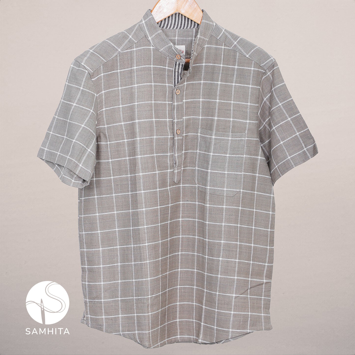 
                  
                    Men's Slate Grey Khadi Cotton Check Shirt with Half Sleeves, Mandarin Collar and Wooden Button Detail (MK 101 B)
                  
                