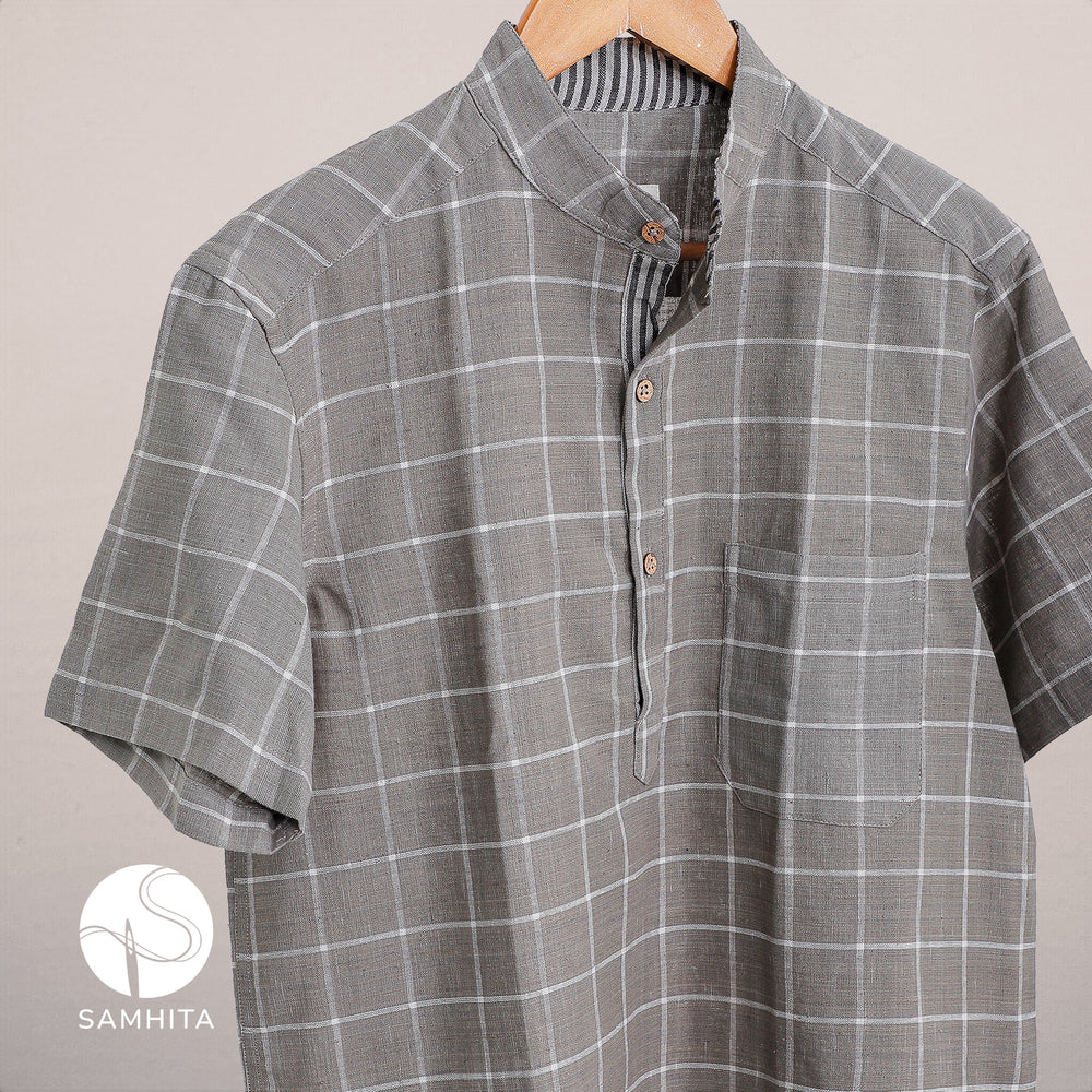 
                  
                    Men's Slate Grey Khadi Cotton Check Shirt with Half Sleeves, Mandarin Collar and Wooden Button Detail (MK 101 B)
                  
                
