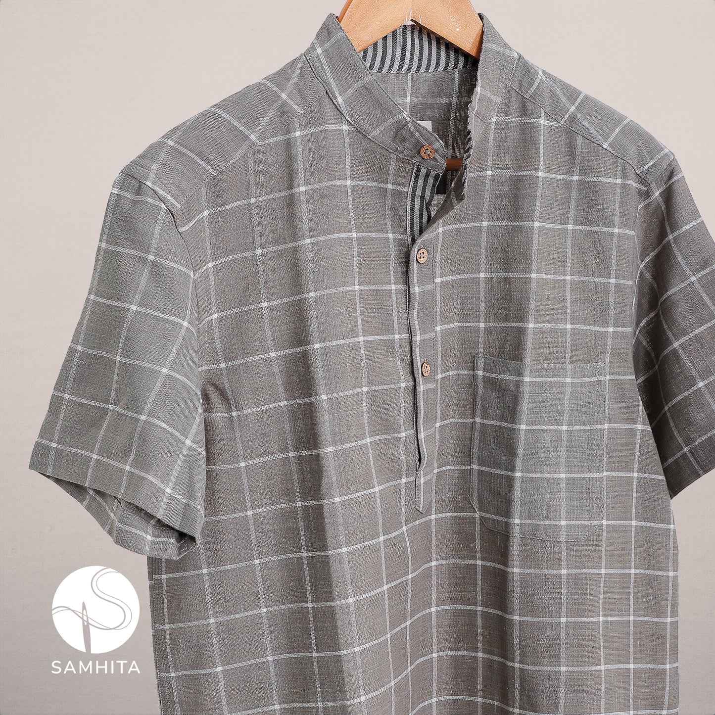 
                  
                    Men's Slate Grey Khadi Cotton Check Shirt with Half Sleeves, Mandarin Collar and Wooden Button Detail (MK 101 B)
                  
                