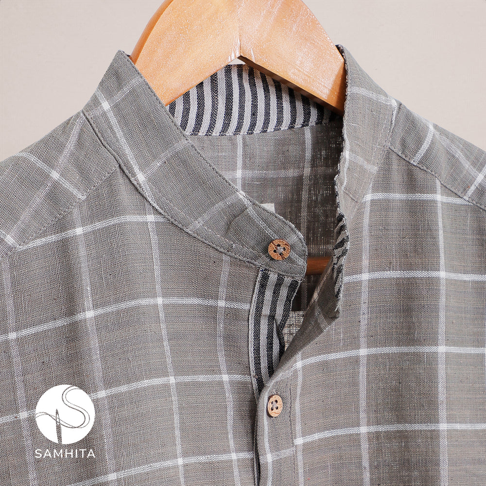 Men's Slate Grey Khadi Cotton Check Shirt with Half Sleeves, Mandarin Collar and Wooden Button Detail (MK 101 B)