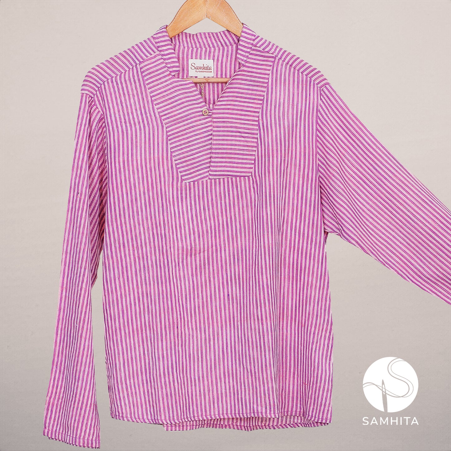 
                  
                    Men's Purple Stripe Khadi Cotton Full Sleeve Shirt with Yoke Detail and Wooden Button( MK 102 A)
                  
                